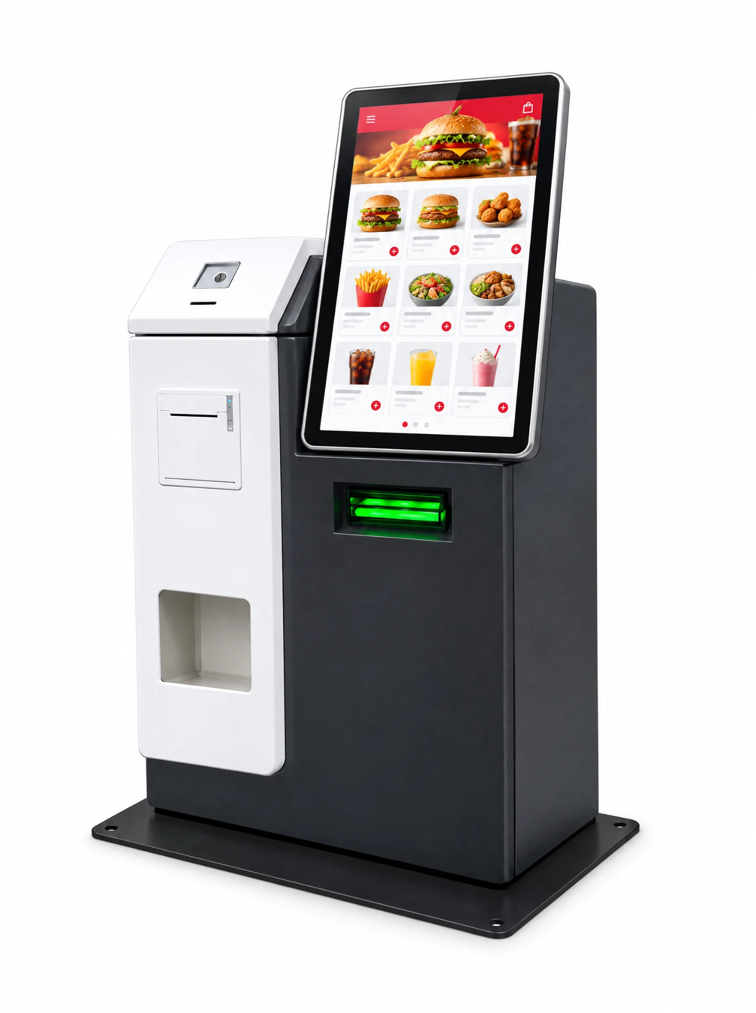Het gesloten kassasysteem van Conciar met touchscreen, biljetinvoer, bonprinter en muntbakje.