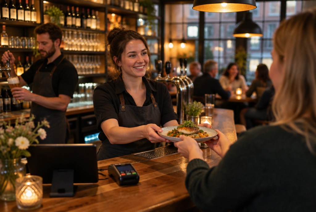 Une serveuse tend une assiette à une cliente au comptoir d'un restaurant animé.