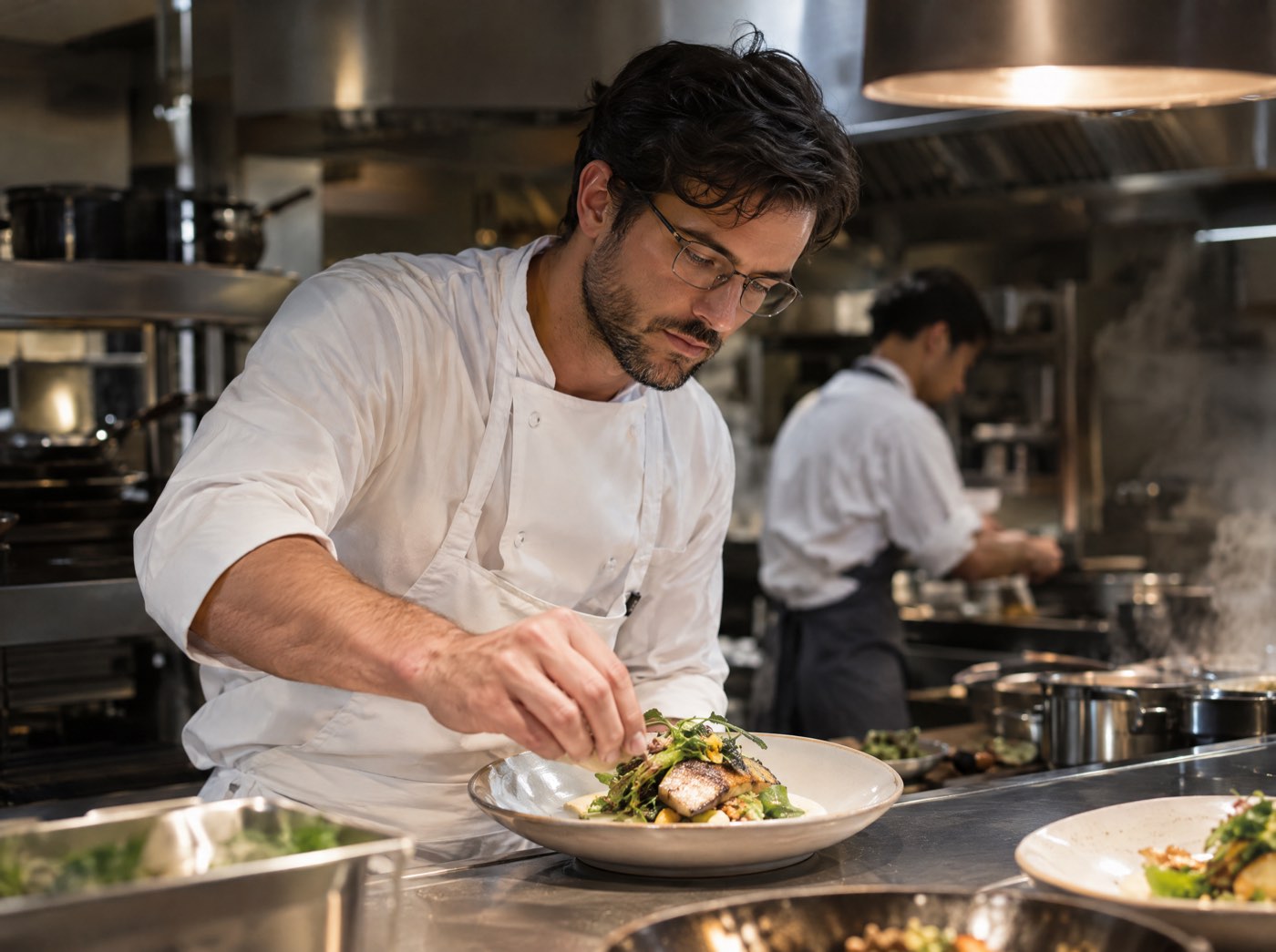 Un chef portant des lunettes connectées dresse une assiette au passe.