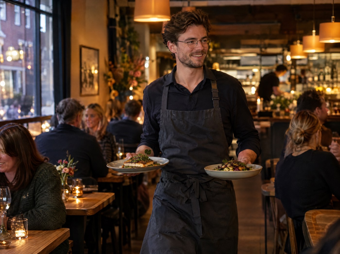 Un serveur portant des lunettes connectées traverse un restaurant animé avec deux assiettes.